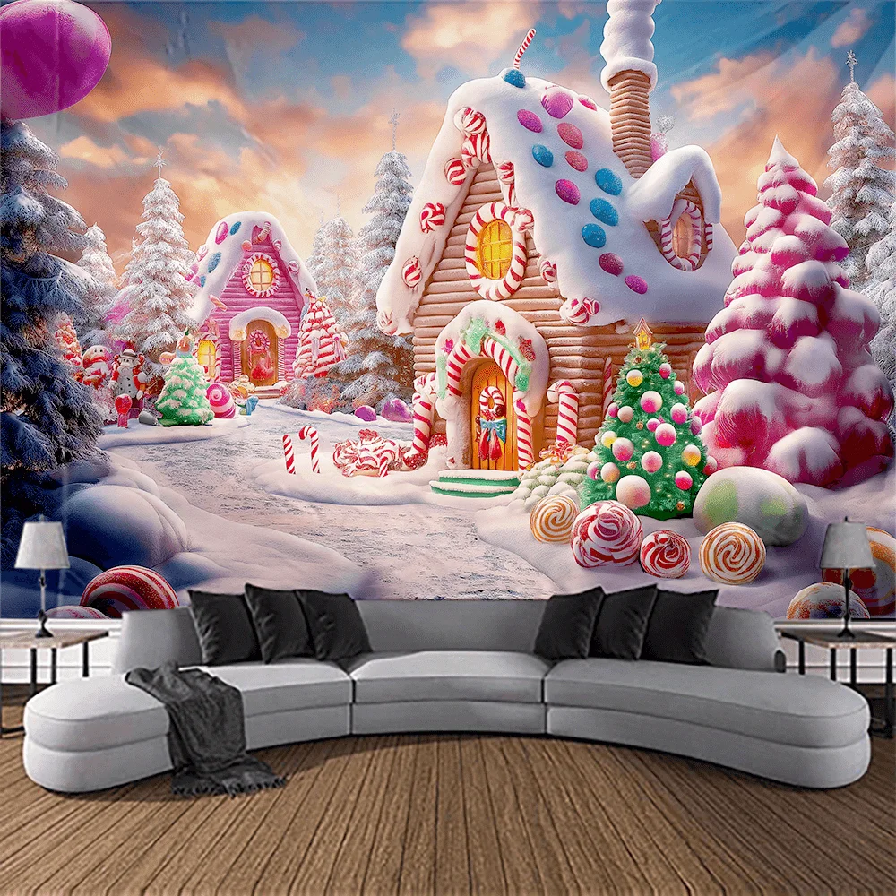 VIKAMA Weihnachts-Süßigkeitshaus-Wandteppich mit Schneedeckel, Blockhütte, Candy Story, Wand, Urlaub, Wohnzimmer, Thema, Raumdekoration