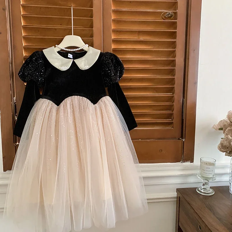 

Girls' Velvet Dress Winter Clothing New Velvet Fashionable Girl Ball Gown Doll Collar Princess Dress Kids Clothes