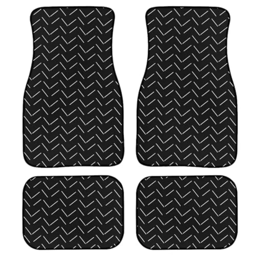 

Abstract geometric car floor mats for universal vehicles: vintage black and white herringbone pattern, monochrome texture, dura