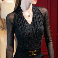 Women Spring Autumn Style Mesh Blouses Shirts Lady Sexy Long See Through Sleeve V-Neck Patchwork Blusas Tops WY1002 - Image 5