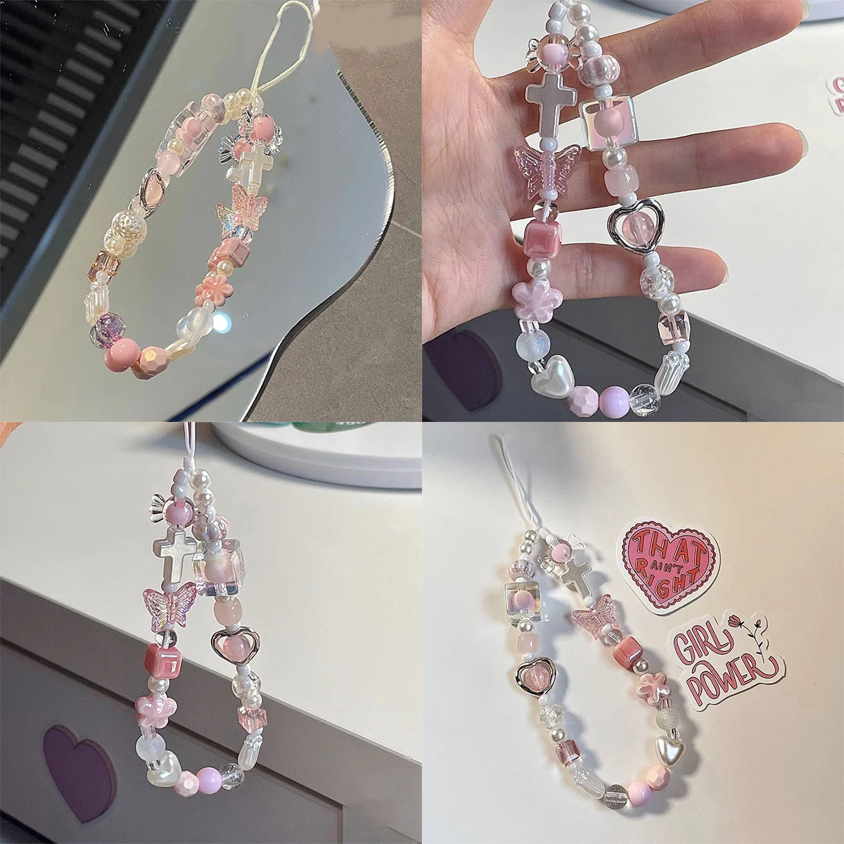 Korean Cute Charm Pink Butterfly Love Heart Phone Chain For Iphone Women Girl Jewelry Strap Beaded Lanyard Hanging Cord Bracelet