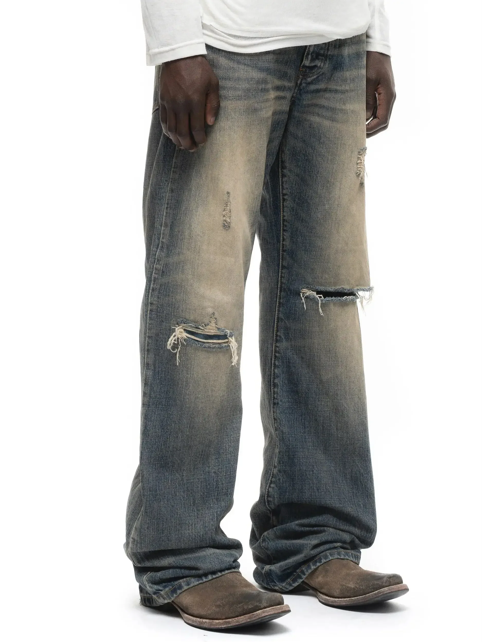 No faith studios sun fading washed old hand cut holes heavy industry patch straight jeans