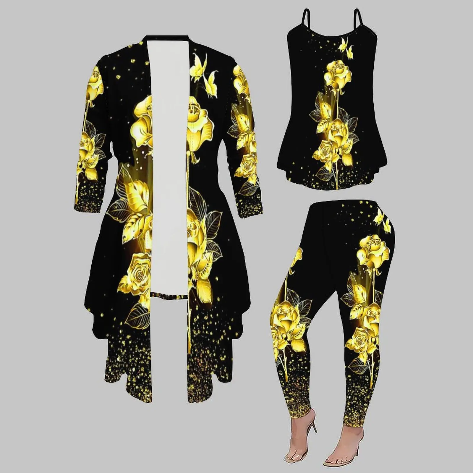 Beach Vacation Casual Three Piece Set Half Sleeve Irregular Hem Coat Slim Vest Fashion Printed Leggings Jogging Pants