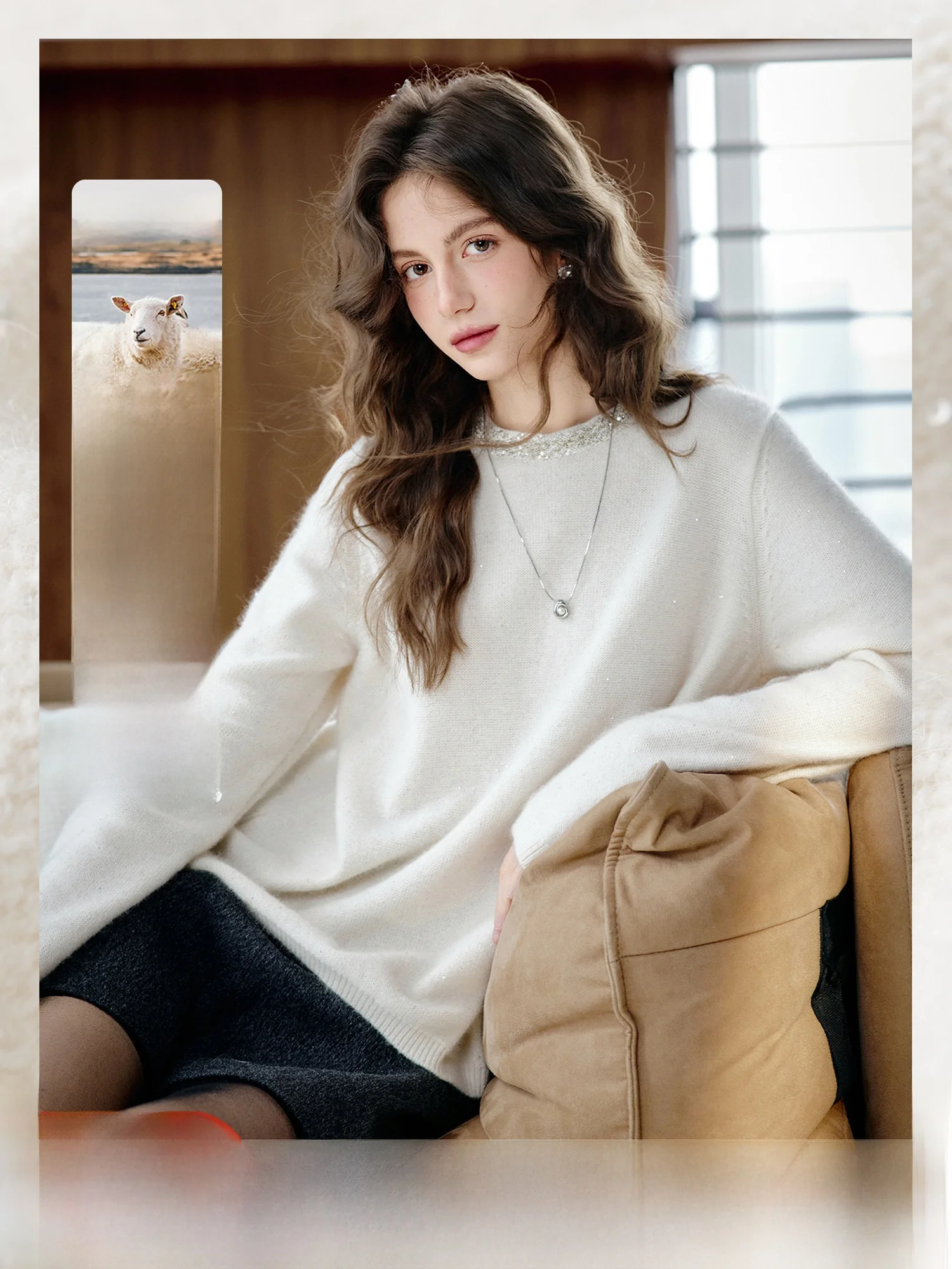 

Ele Knitted Sweater Women's Spring Wool Rabbit Fur Yarn Glittering Pearl round Ne Long Sve Casual Comfortable Fit