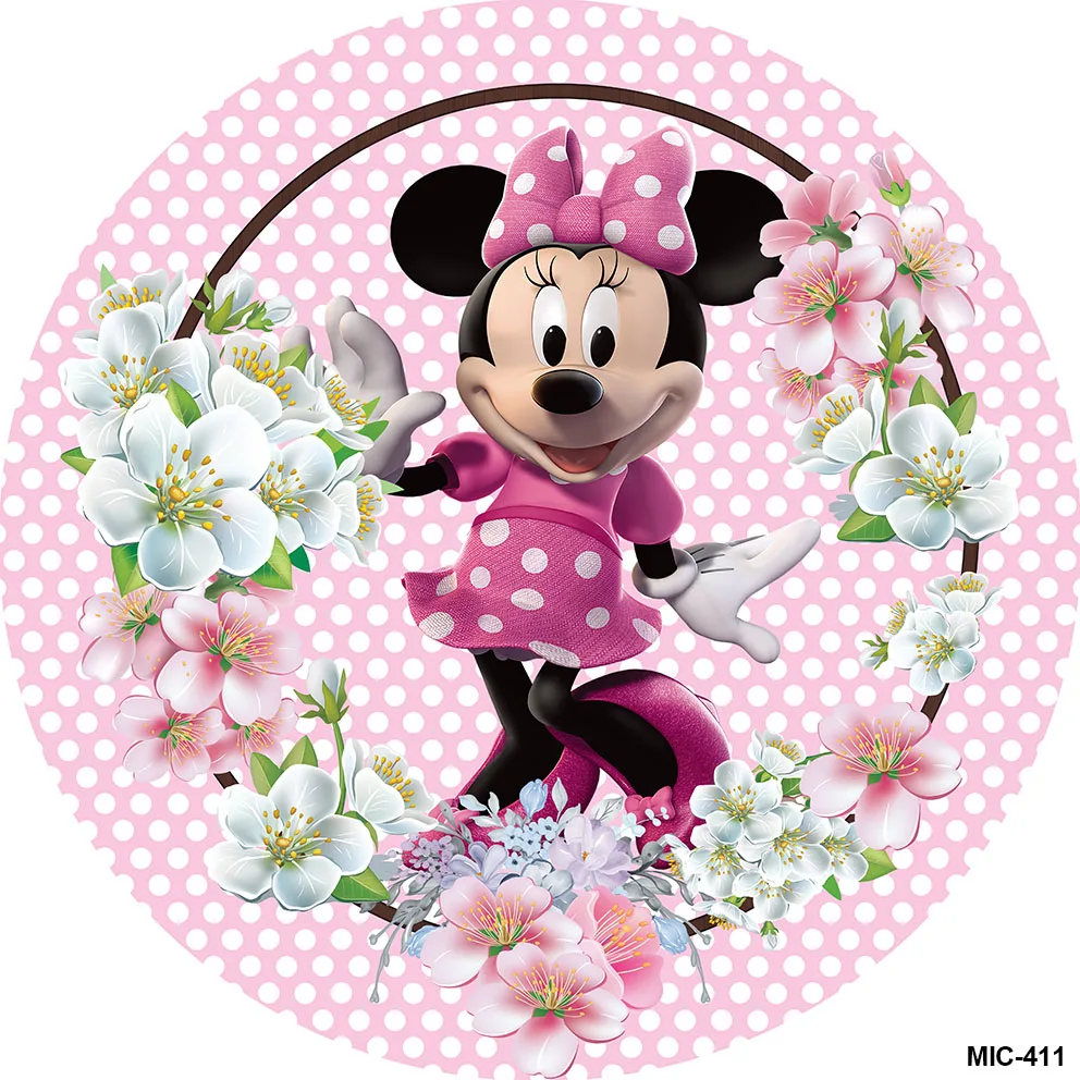 Personalizado Disney Minnie Backdrop, Ratos para Baby Shower, Decorações De Festa De Aniversário, Fundo Do Círculo Redondo, Fontes Do Partido