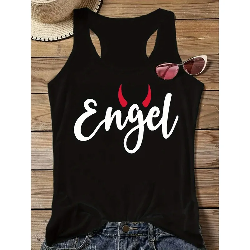 With devil horns Angel Text-patterned sleeveless vest Fashionable Women's Summer Clothing Sale Cool street-style women's tops