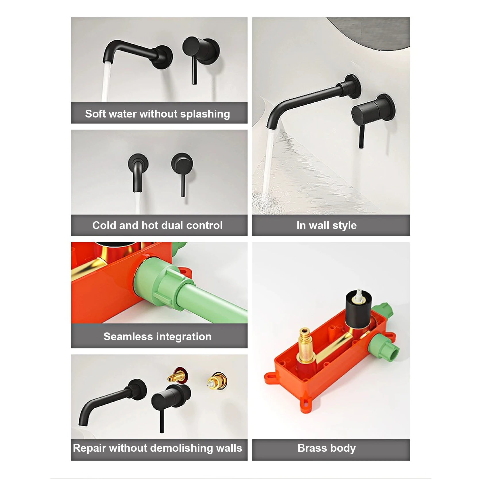 Imagem -06 - Torneira de Banheiro de Latão de Parede Torneira de Bacia Preta Design Oculto Alça Única de Furos Fria e Quente Controle Duplo Moderno