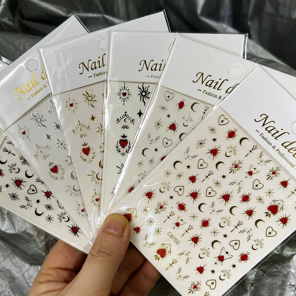4 Uds. De pegatinas metálicas doradas y plateadas para decoración de uñas, sol/estrella/luna, bronceado 3D, láser, corazón rojo, calcomanías para uñas, 8x10cm, adhesivo para uñas