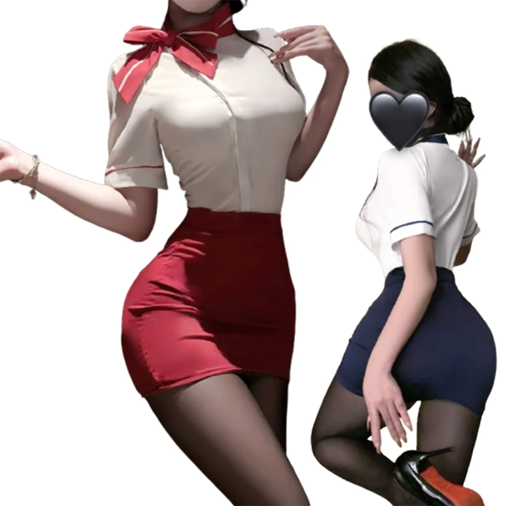 

Seductive Flight Attendant Cosplay Outfit White Shirt with Bow Tie & Bodycon Skirt, Elegant Intimate Nightwear Romantic Evenings