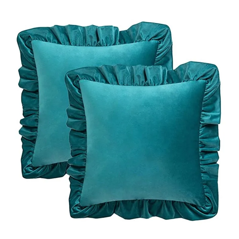 Inyahome Pack of 2 Decorative Velvet Ruffle Throw Pillow Covers Soft Rustic Luxury Nordic Teal Pillowcase подушки декоративные