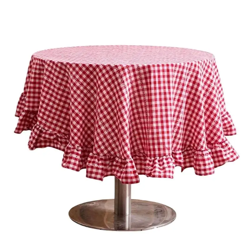 E8BD Romantics Pastoral Cotton Linen Round Tablecloth With Ruffled Trim And Floral Print Table Cover For Kitchen Dining Room