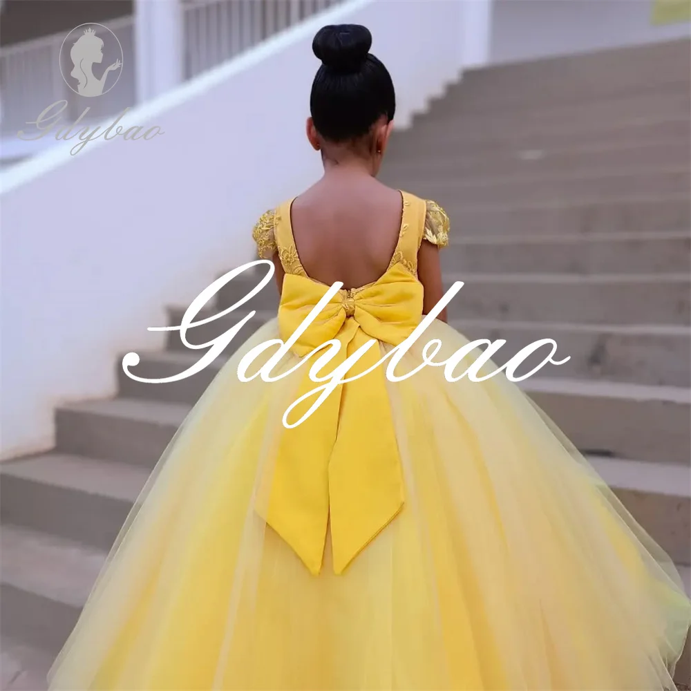 Elegant Short Sleeve Applique A Line Bow Flower Girl Dress Floor Length Backless Luxury Formal First Communion Dress Customized