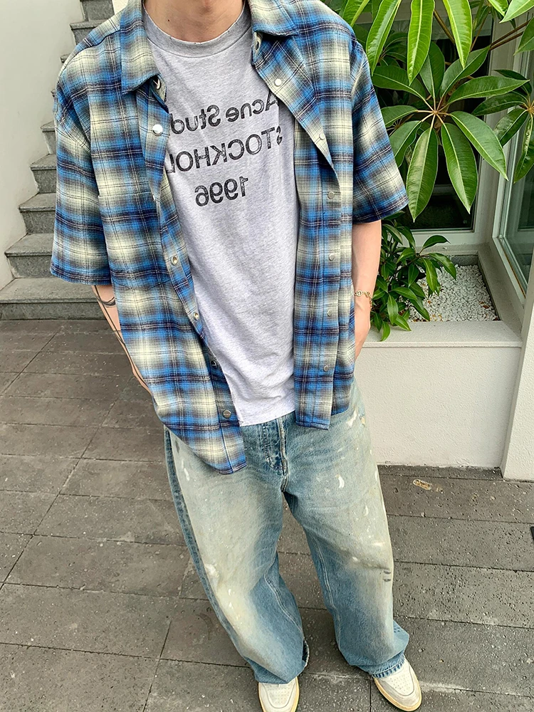 

American High Street Plaid Collar ort Sve irt Design Sense Advanced CleanFit Deconstructed irt Men f Sve Top