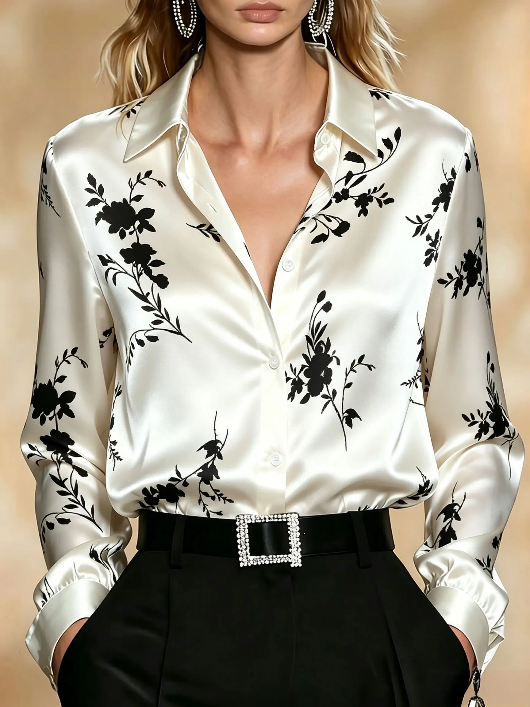 Women Elegant Black Floral Branch Print Lapel Collar Long Sleeve Shirt Loose Button Down Casual Office Blouse Tops