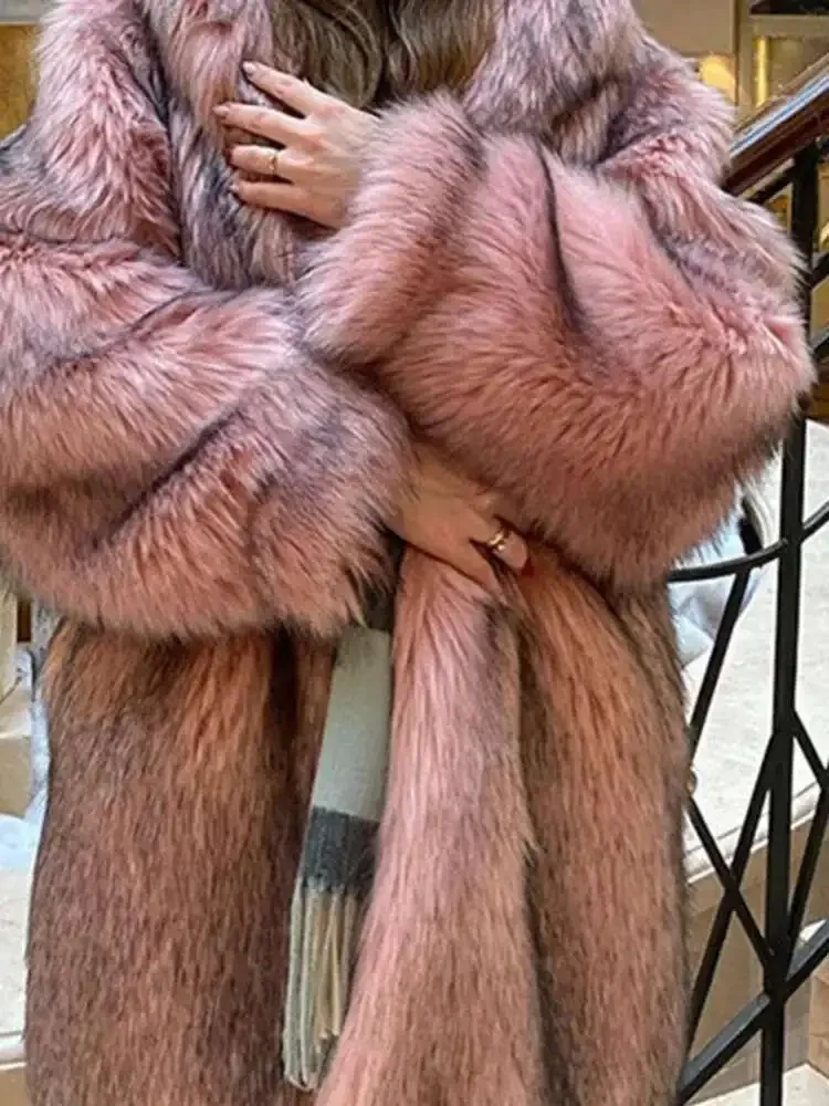 2025 New Tide Faux Fur Coat European Style Hooded Loose All Match Warm Cardigan Top Jacket Women Autumn Winter