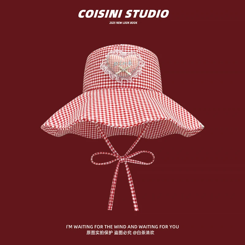 

New Korean Sweet Plaid Big Brim Sun Hat Women Summer Love Lace Embroidery Vacation UV Protection Lace-up Foldable Bucket Hats