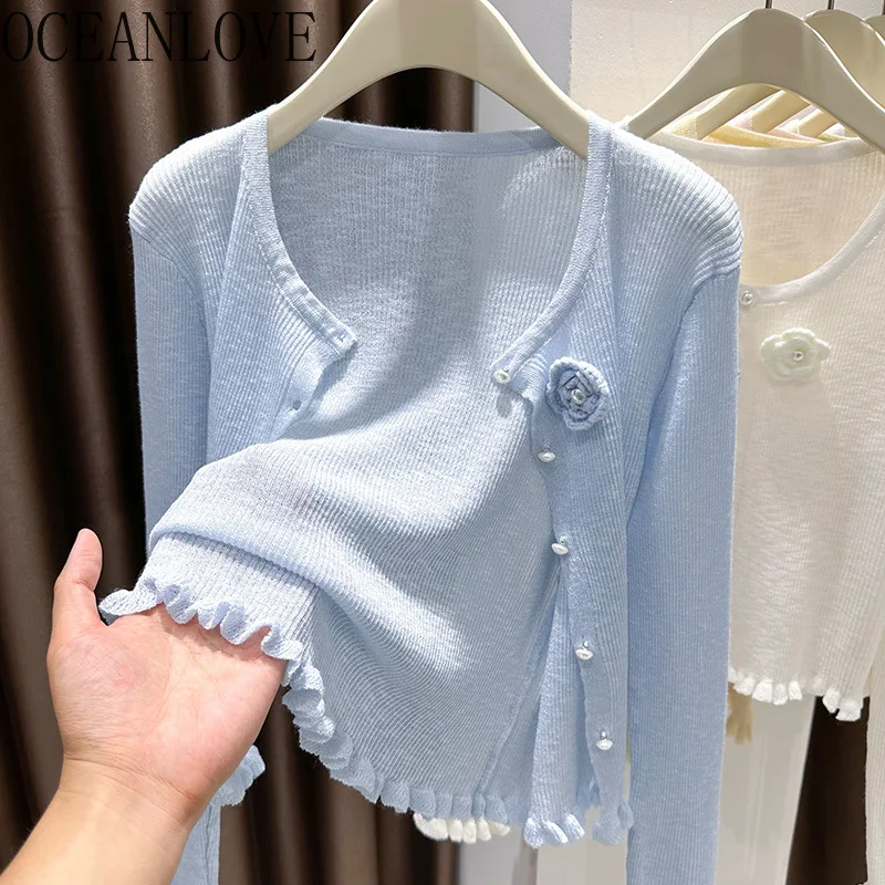 

OCEANLOVE Thin Short Cardigans Woman Spring Autumn Flowers Sunscreen Sweaters Korean Fashion Elegant Sweet Sueter Mujer