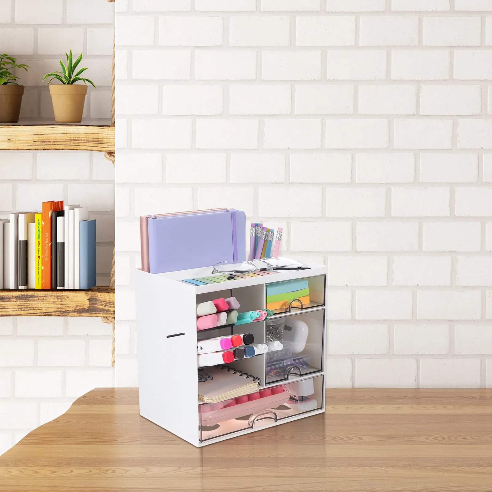 Desktop Organizer with Drawers Clear Ps Material Multi Functional Space Saving Slanted Insert Design for Office School Dorm Desk