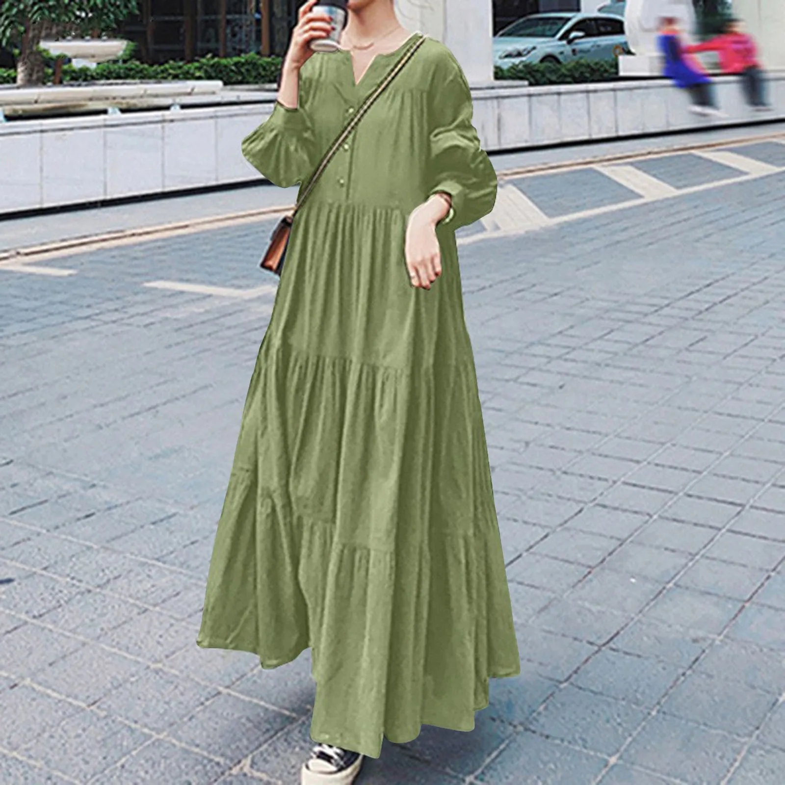 

2024 Women's Long Swing Dress Spring and Autumn Long Sleeve V-Neck Ruffle Edge Dress Casual Loose Elegant Cotton and Hemp Dress