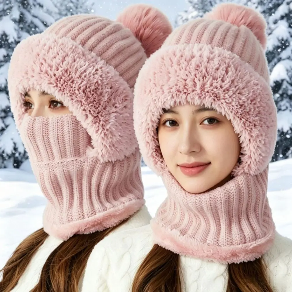 Casual Windproof Knitted Balaclava Hat Face Protection Thick Warm Neck Warmer Integrated Beanie Winter