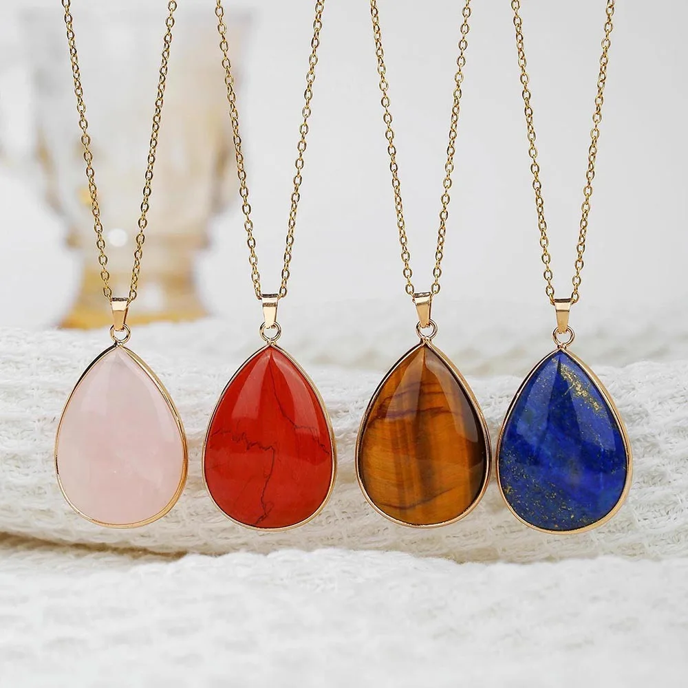 Retro Simple Gold Color Edge Waterdrop-shaped Natural Crystal Pendant Necklace for Women Amethyst Collar Chain Jewelry Gifts