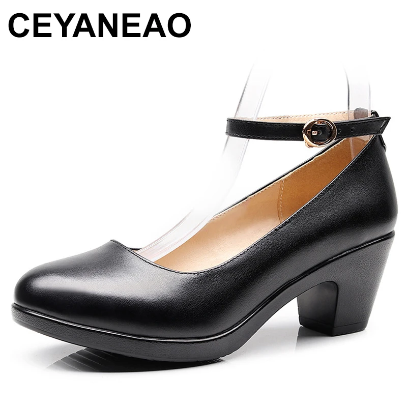 

Elegant Med Block Heels Genuine Leather Shoes Women Pumps 2024 Shallow Fall Platform Shoes for Ofifce Mom