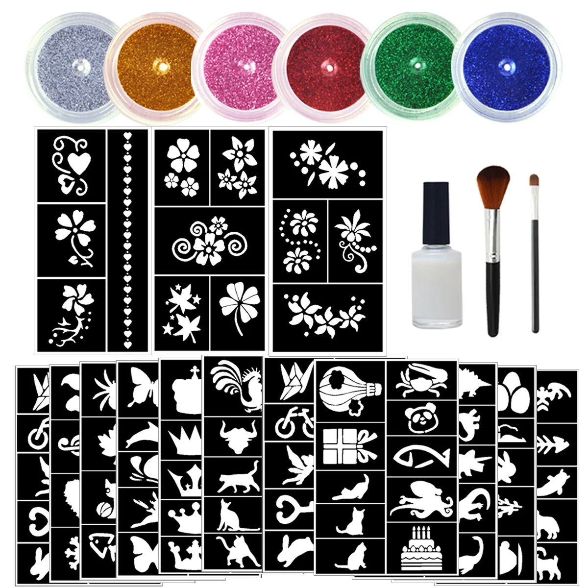 Juego de tatuajes con flash temporal, tatuajes con flash divertidos de 6 colores, adecuado para pintura corporal, viene con 14 plantillas únicas, patrones de plantilla y pincel de pegamento, fácil de aplicar y quitar, adecuado para graduación, ceremonia de apertura escolar, Halloween, Navidad, festival de música, boda, viajes, fiesta de maquillaje QlaZh
