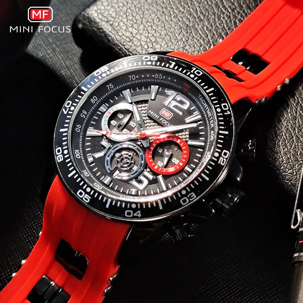 MINI FOCUS Red Sport Watch for Men Dual Time Sport Wristwatch with Silicone Strap 24-Hour Date Luminous Hands Chronograph 0290