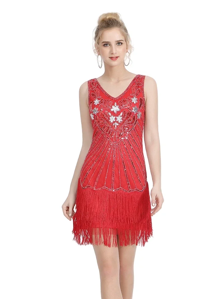 Women Flapper Dresses 1920s V Neck Colorful Beaded Fringe Dress Great Gatsby Dress Roaring 20s Speakeasy Party Costume