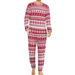 Nordic Christmas Pajamas Daily Two Piece Vintage Print Kawaii Pajama Sets Male Long-Sleeve Casual Graphic Nightwear 3XL 4XL 5XL