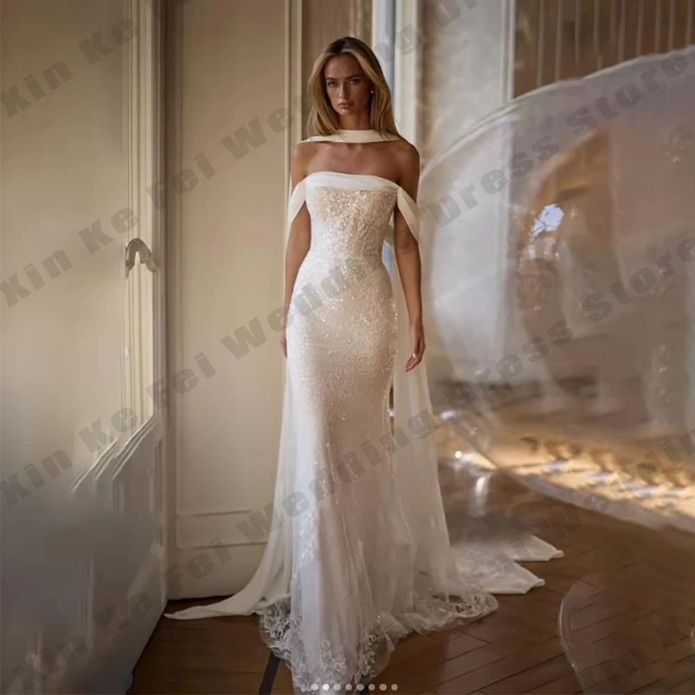 Glitter Lace Wedding Dresses Appliques Strapless A-Line Shawl Luxury Cloak Sweetheart Bridal Gowns Customized Bride Dresses Robe