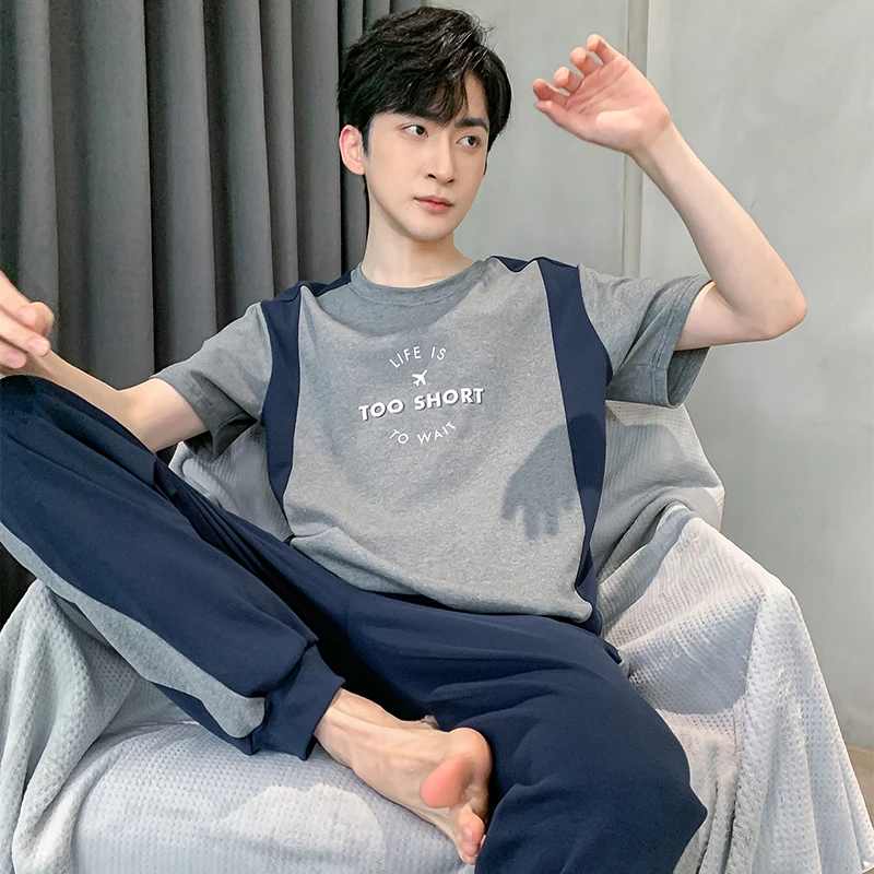 

Summer Knitted Cotton Men Pajamas Short Tops+Long Pants Two Pieces Set Mens Sleepwear Casual Soft L-4XL Male Pyjamas