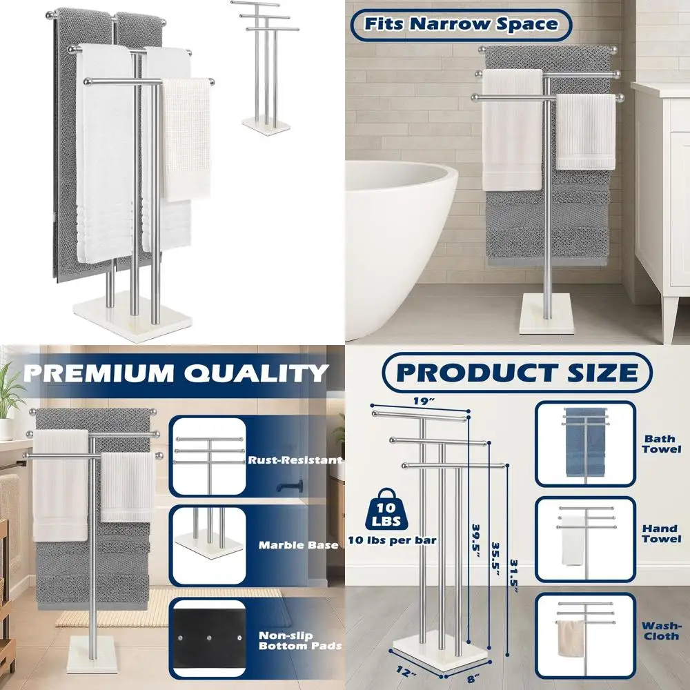 

3-Tier Freestanding Towel Rack, 40 Tall with Marble Base, White for Bathroom