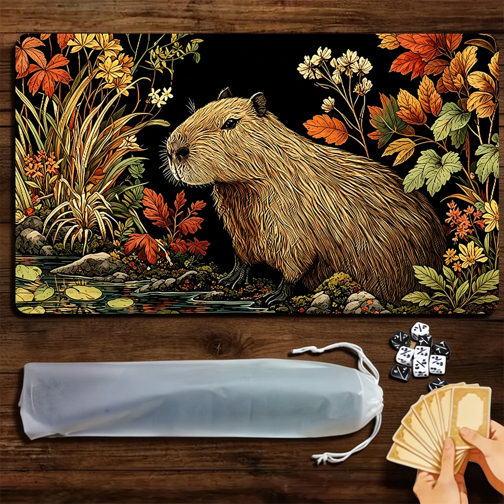 Vintage flowers and capybaras TCG Playmat Magic Playmat Gathering Gaming Mat with Stitched Edge Anti-slip base Trading Card Game