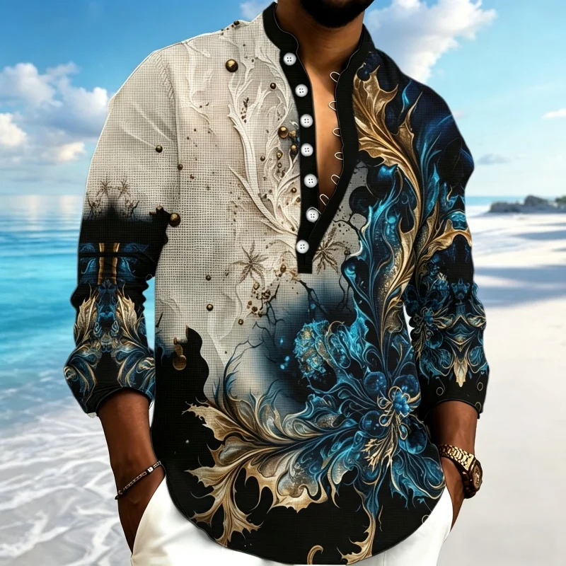 2026 new men's shirt long sleeved Henley shirt retro gradient print breathable casual long sleeved stand up collar top XS-6XL
