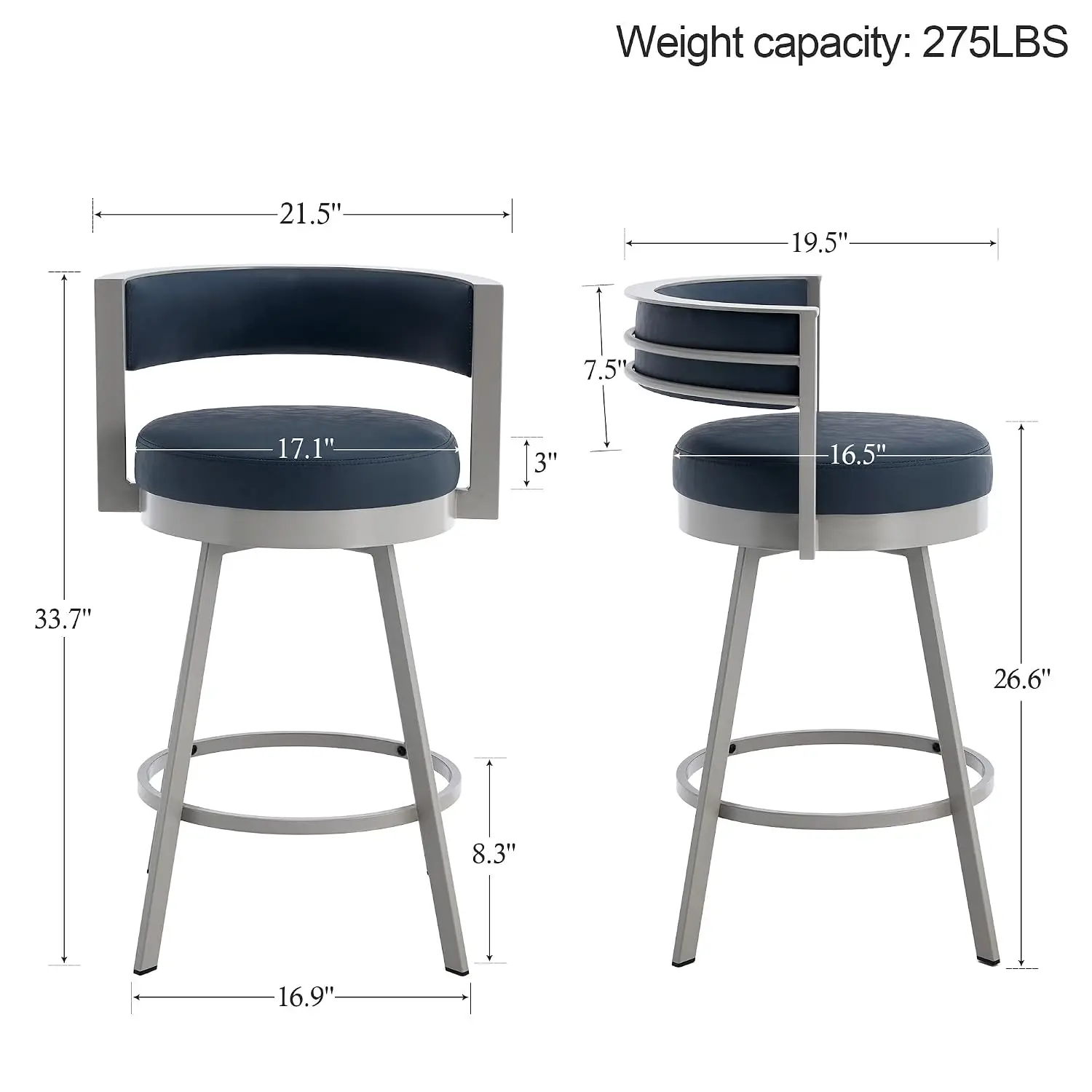 Swivel Counter Stools 2pcs, 26.6in Faux Leather Barstools With Back, Kitchen Island Dining Stools, Navy & Grey, Customized