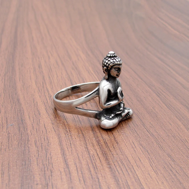 Punk  316L Stainless Steel Classical Buddhism Solemn Buddha Statue Metal Amulet Ring Jewelry