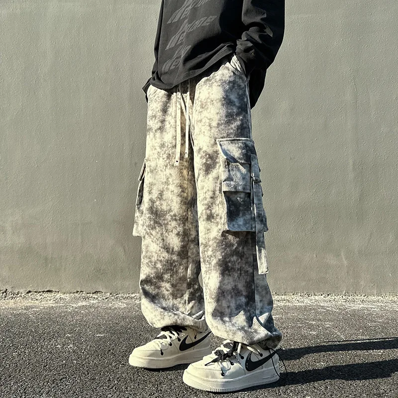 TRSYPHXM 2024 neue Tie-Dye-Hose für Herren im Frühling und Herbst, neue plissierte Arbeitshose, amerikanische Retro-hübsche High-End-Hose