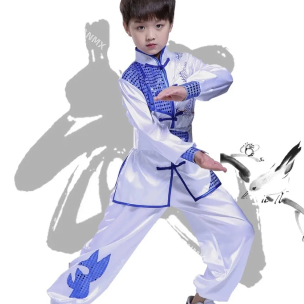 Child Boys Girls Children Chinese Traditional Sequin Dragon Embroidery Wushu Tai Chi Kung Fu Uniforms Stage Performance Outfits