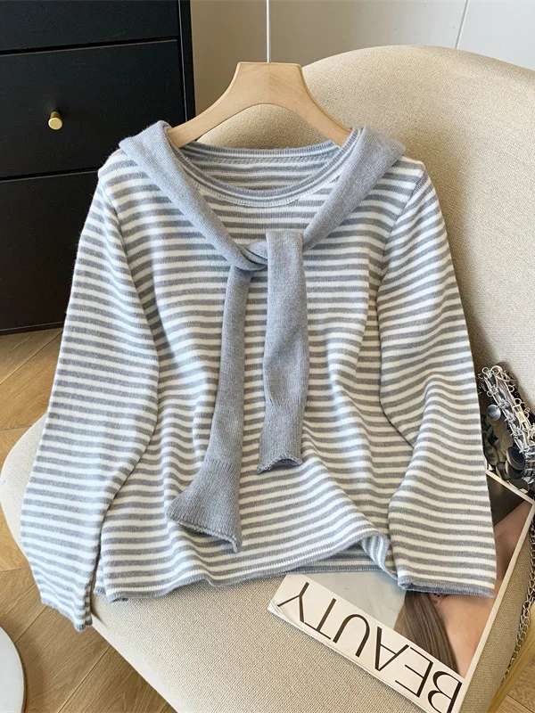 

Корейский полосатый вязаный свитер с длинными рукавами для женщин, весна-осень, модный молодежный облегающий свитер в стиле lazy style