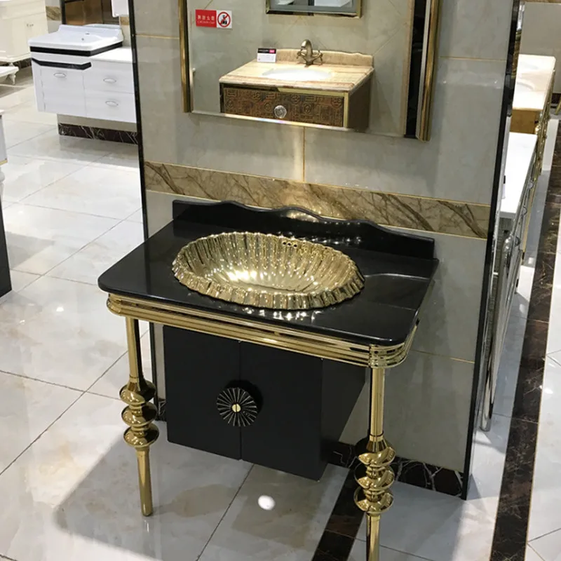 خزانة حمام من الفولاذ المقاوم للصدأ فاخرة فرنسية خفيفة، حوض غسيل مقاوم للماء، أرضية رخامية أوروبية