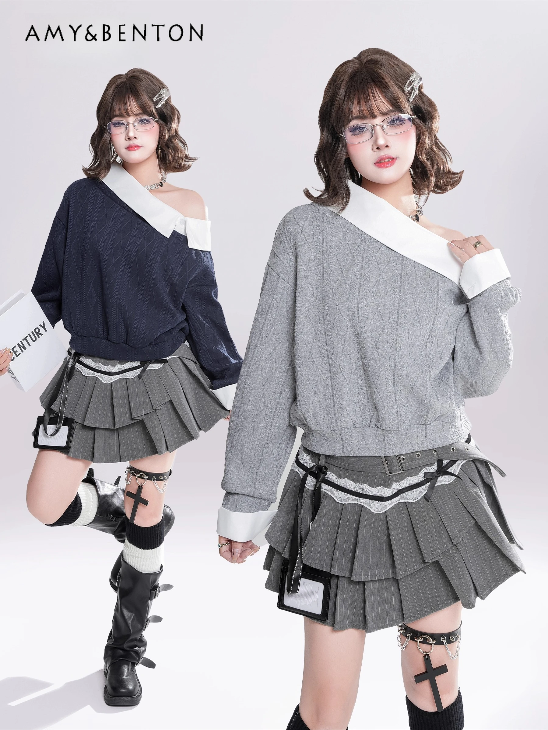 

2025 Spring and Autumn New Korean Style Fake Two-Piece Patchwork Asymmetrical Long Sleeve Hoodie Loose Short Gray Casual Top