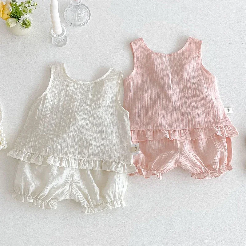 2025 nueva ropa de verano para niños, conjunto de ropa para niñas, chaleco sin mangas de Color sólido + Pantalones cortos, ropa para niños de 0 a 5 años