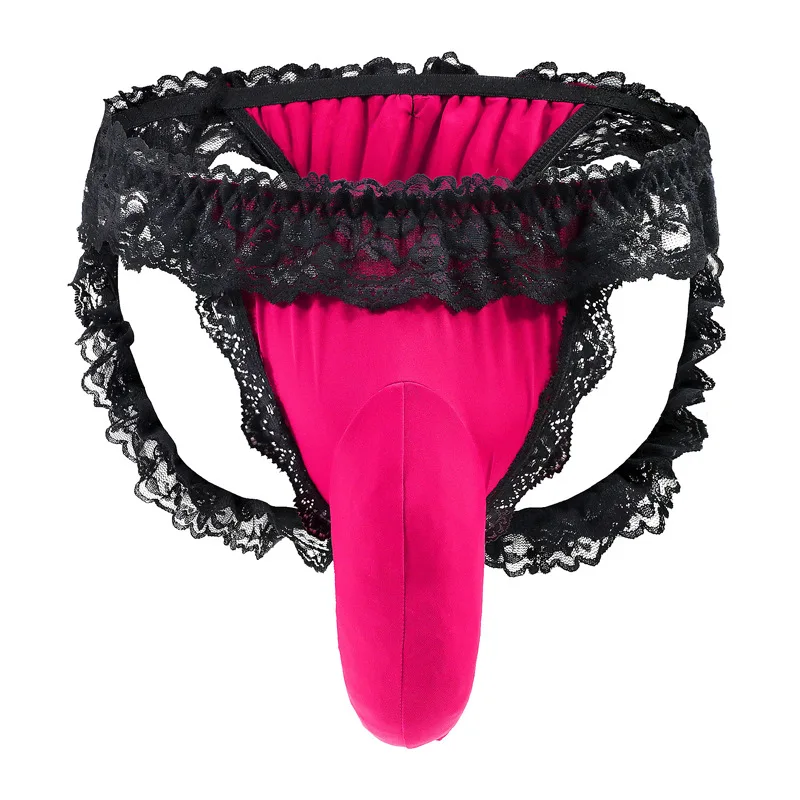 

Mens Lace Trim Satin Panties Sissy Thongs G-Strings Crossdressers Underwear Big Elepant Nose Jockstrap Gay Hollow Butt Lingerie