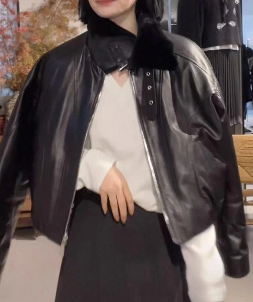 Winter New Sle Women's ort Genuine Leather Jaet eepskin down Jaet High-End Feelings Coat Zipper Closure Long Sve