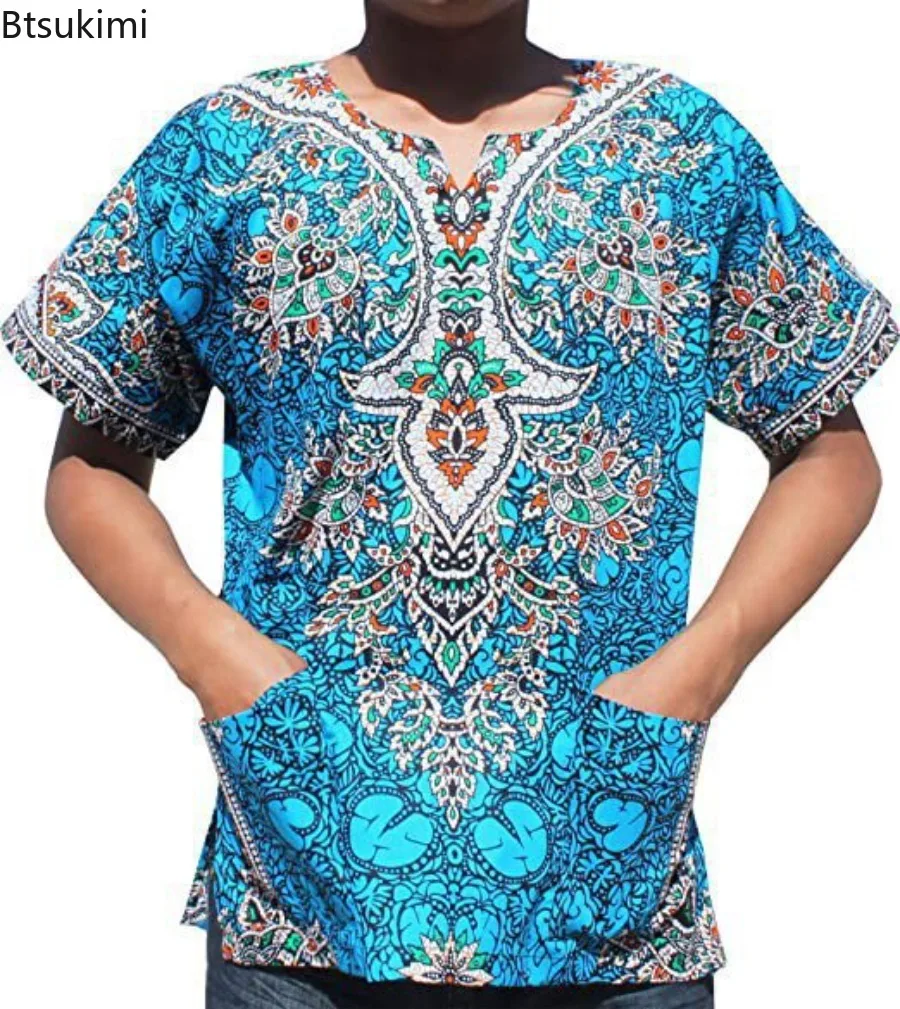 New 2024 Men\'s Summer Casual Short Sleeve Tops Shirt Fashion Design African Traditional Print Cotton Dashiki Shirt for Male 6XL