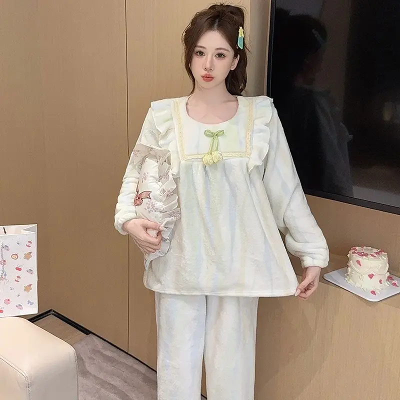 

2025 Winter Plus Size Long Sleeve Thick Warm Flannel Pajama Sets For Women Coral Velvet Sleepwear pyjamas Pijama Mujer Clothes
