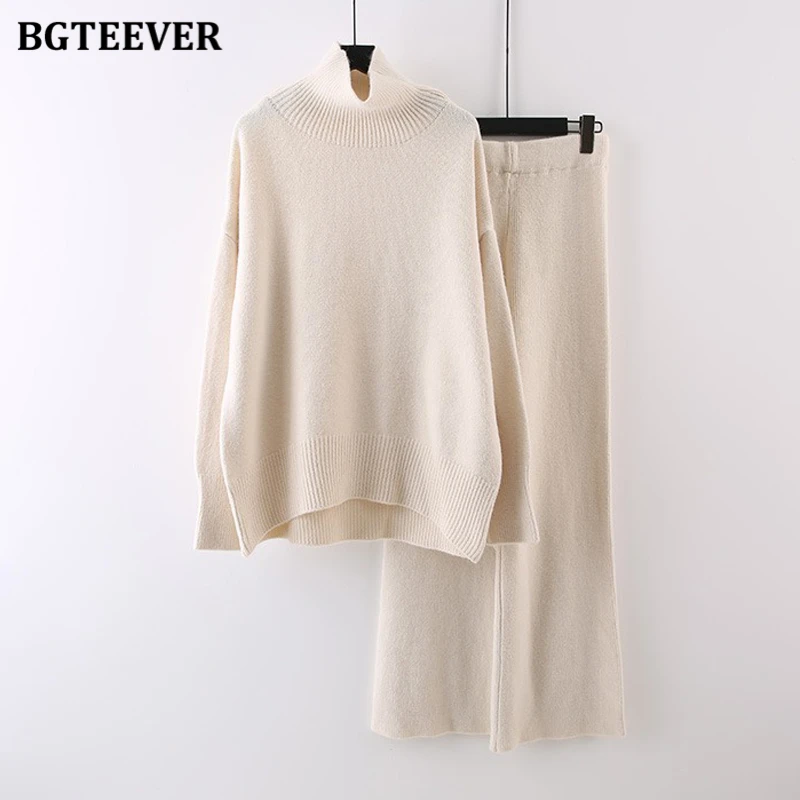 

BGTEEVER Elegant Female 2 Pieces Sweaters Outfits Long Sleeve Knitted Turtleneck Jumpers Women Knitted Trousers Autumn Winter