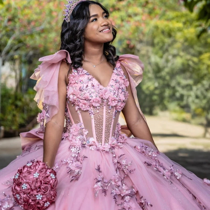 Robes de Quinceanera rose, épaules dénudées, robe de bal, douce 16, avec des appliques en dentelle, avec nœud et perles, tulle de cristal, robes de fête d'anniversaire 15