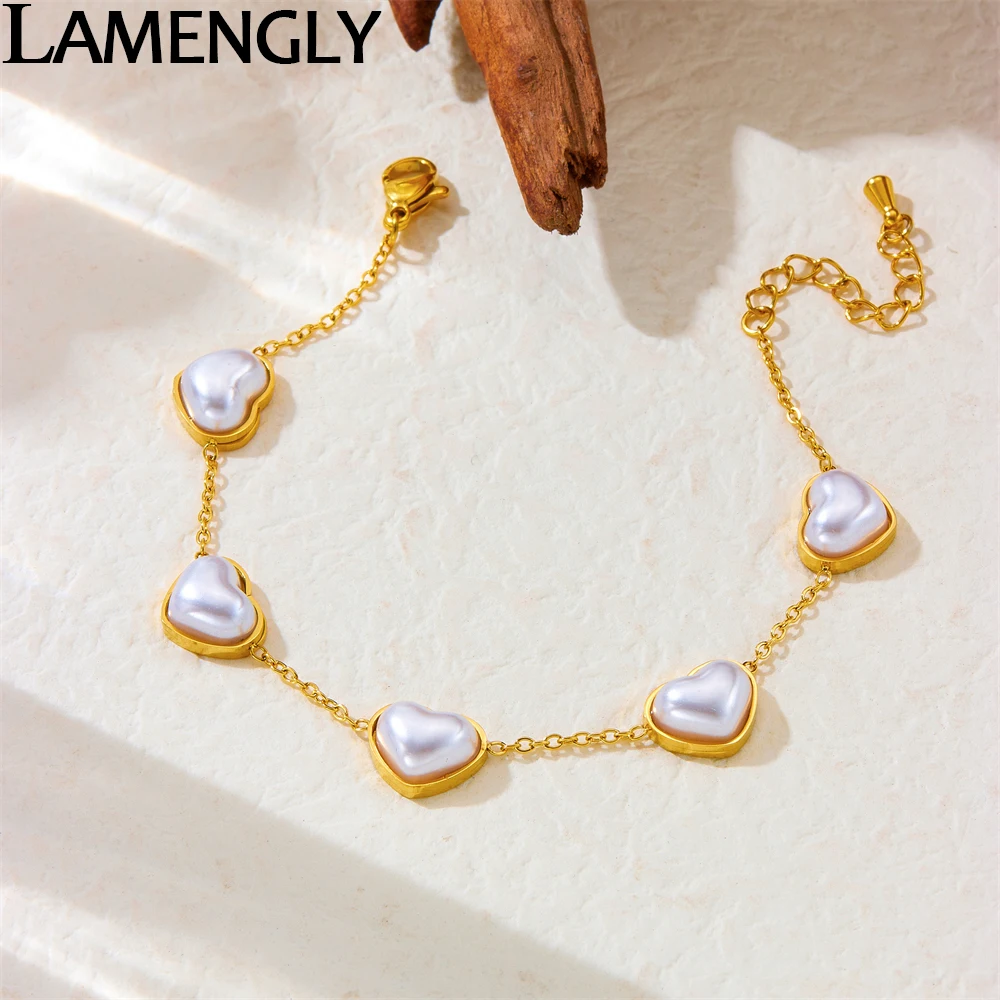 LAMENGLY 316L Stainless Steel Elegant Heart Shaped White Pearl Series Bracelet For Women Girl Classy Wrist Chain Jewelry Gifts